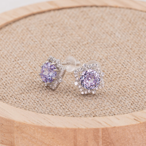 Pendientes de plata 925 con corindón sintético, estrella de 8 puntas, morado, baño de rodio EL020850