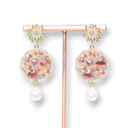 Pendientes de plata 925 con bronce, ojo de gato y perlas de río de 24 x 55 mm