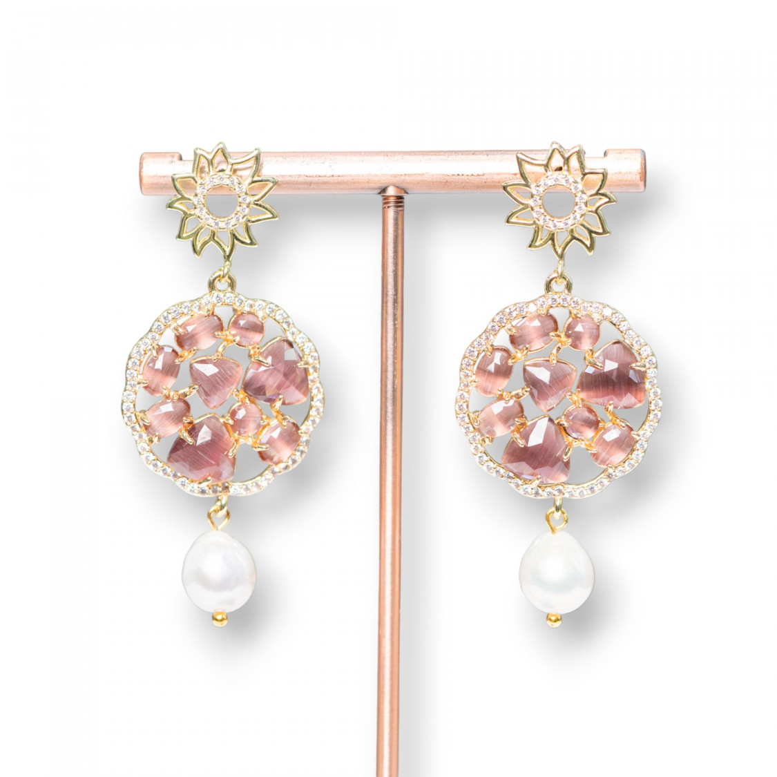 925 Silver Stud Earrings with Bronze, Cat's Eye and River Pearls 24x55mm-925 SILVER HANDMADE EARRINGS | Worldofjewel.com