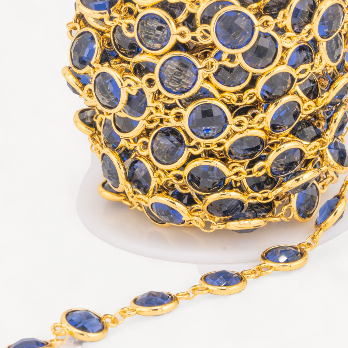 Catena Rosario Di Ottone Con Occhio Di Gatto Cabochon Tondo 10mm 5 Metri Dorato Bluette Trasparente Gemma-CATENE CON PIETRE E CRISTALLI | Worldofjewel.com