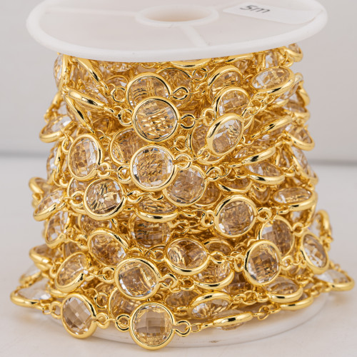 Rosenkranzkette aus Messing mit 10 mm rundem Katzenaugen-Cabochon, 5 Meter, vergoldet, klargrau