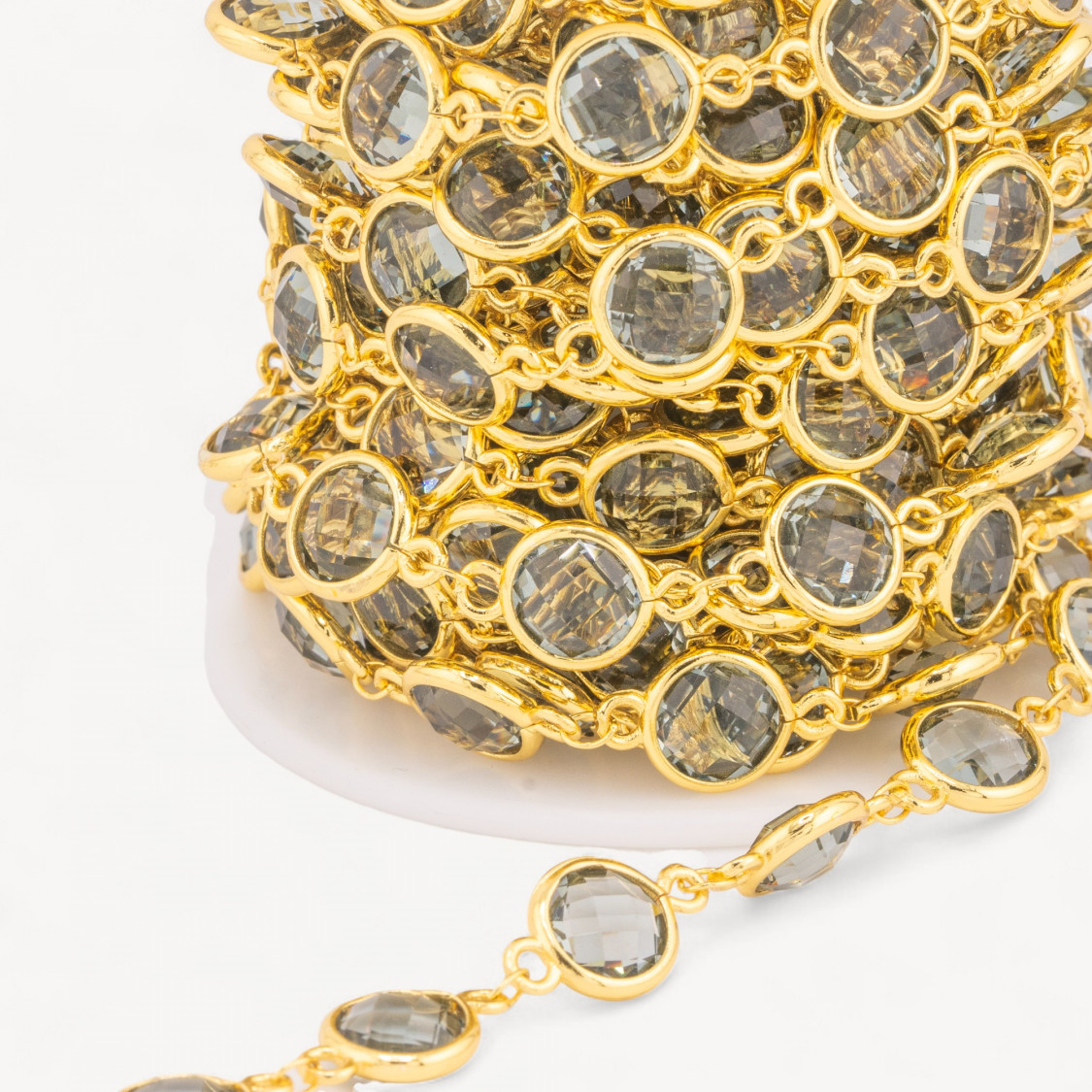 Catena Rosario Di Ottone Con Occhio Di Gatto Cabochon Tondo 10mm 5 Metri Dorato Grigio Trasparente-CATENE CON PIETRE E CRISTALLI | Worldofjewel.com