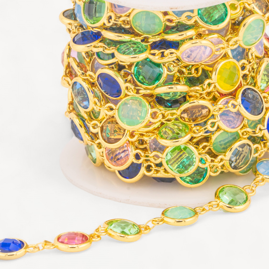 Catena Rosario Di Ottone Con Occhio Di Gatto Cabochon Tondo 10mm 5 Metri Dorato Multicolor-CATENE CON PIETRE E CRISTALLI | Worldofjewel.com