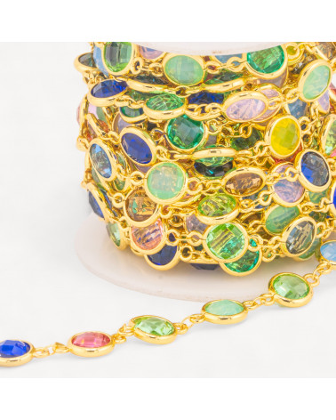 Catena Rosario Di Ottone Con Occhio Di Gatto Cabochon Tondo 10mm 5 Metri Dorato Multicolor-CATENE CON PIETRE E CRISTALLI | Worldofjewel.com