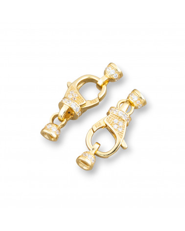 Chiusura Di Argento 925 Con Zirconi Moschettone Con Coppette 9x24mm Coppette Da 4mm 2pz Dorato-Fermoir en argent 925 à faire soi-même | Worldofjewel.com
