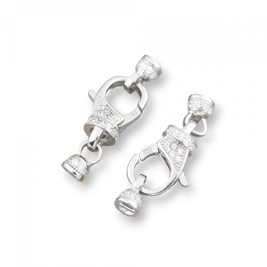 Chiusura Di Argento 925 Con Zirconi Moschettone Con Coppette 9x24mm Coppette Da 4mm 2pz Rodiato-Fermoir en argent 925 à faire soi-même | Worldofjewel.com
