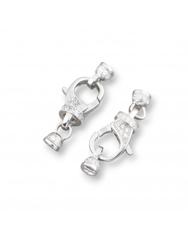 Chiusura Di Argento 925 Con Zirconi Moschettone Con Coppette 9x24mm Coppette Da 4mm 2pz Rodiato-Fermoir en argent 925 à faire soi-même | Worldofjewel.com