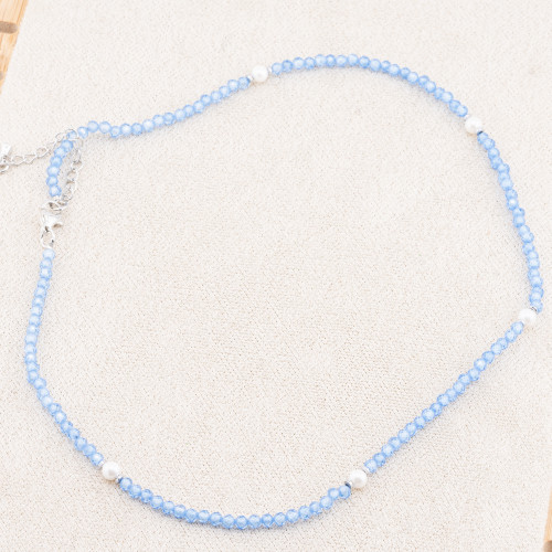 Collar con Cristales Azules y Perlas de Mallorca con Cierre y Cadena de Acero Rodiado 10uds
