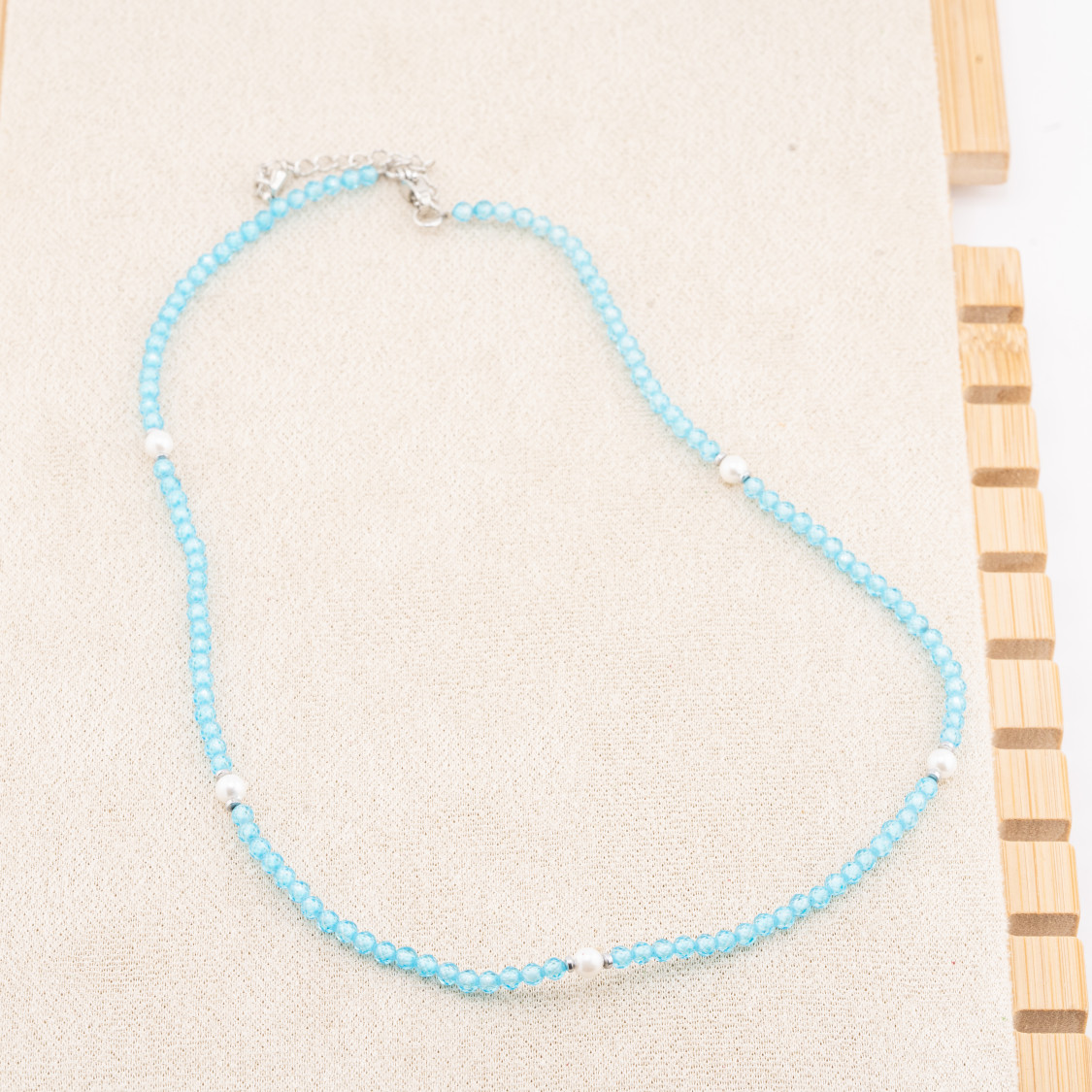 Necklace with Sky Blue Crystals and Majorcan Pearls with Rhodium-Plated Steel Clasp and Chain 10pcs-JEWELRY NECKLACES | Worldofjewel.com