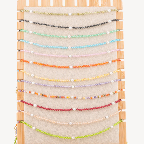 Necklace with Crystals and Majorcan Pearls with Rhodium-Plated Steel Clasp and Chain 10pcs