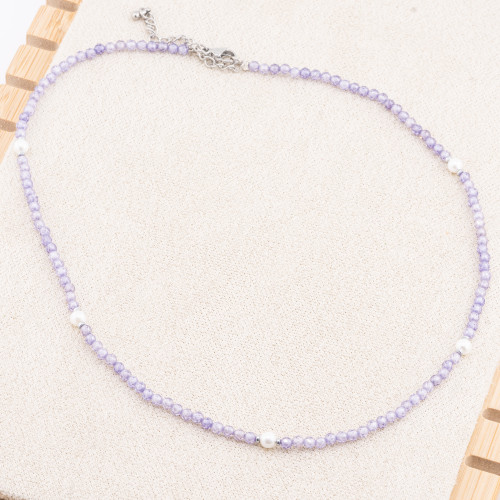 Collar con Cristales Morados y Perlas de Mallorca con Cierre y Cadena de Acero Rodiado 10uds