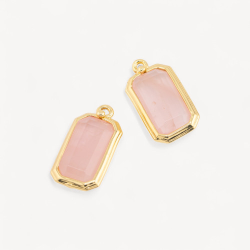 10pcs Rose Quartz Rectangle 11x20mm Bronze Pendant Component with Semiprecious Stones