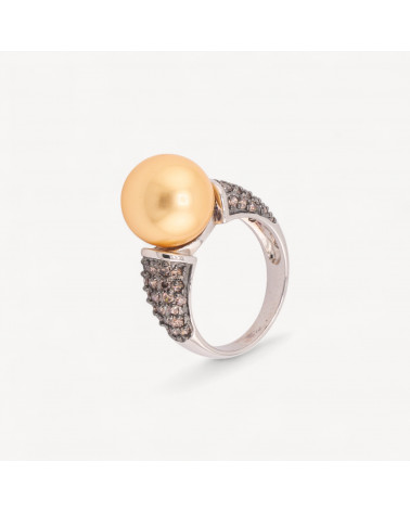 Anello Di Argento 925 Con Zirconi Incastonati Arancioni e Perla Naturale Dorata n129 Rodiato-ANILLOS DE PLATA 925 | Worldofjewel.com