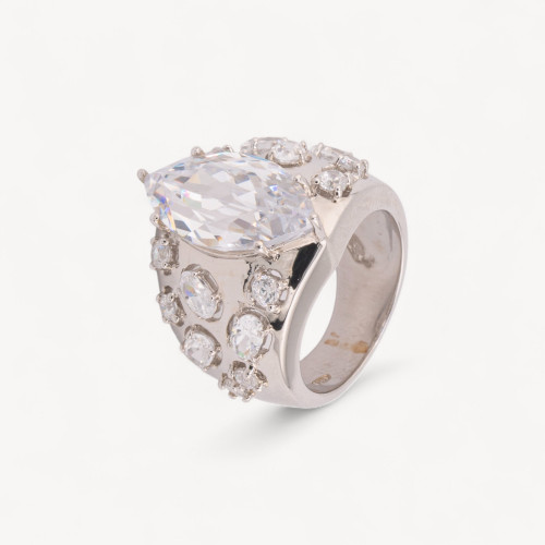 925 Silver Ring with Set Zirconia and Crystal n140 Rhodium Plated Size 54