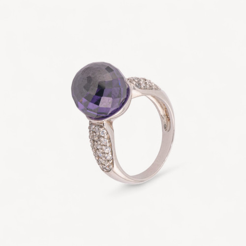 Anillo de Plata 925 con Circonitas engastadas y Cristal Morado n130 Baño de Rodio