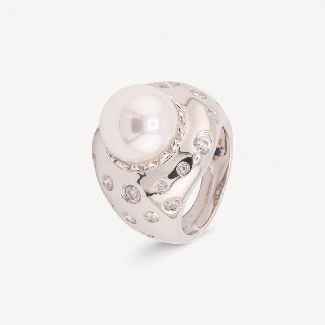 Anello Di Argento 925 Con Zirconi Incastonati e Perla Di Maiorca Bianca n136 Rodiato-ANELLI DI ARGENTO 925 | Worldofjewel.com