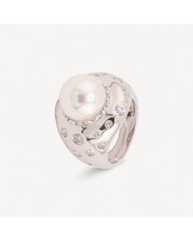 Anello Di Argento 925 Con Zirconi Incastonati e Perla Naturale Bianca n136 Rodiato-ΔΑΧΤΥΛΙΔΙΑ 925 ΑΣΗΜΙ | Worldofjewel.com
