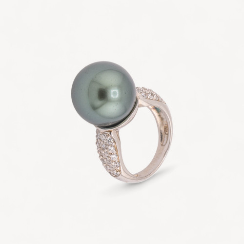 Anello Di Argento 925 Con Zirconi Incastonati e Perla Di Maiorca Tahiti n131 Rodiato Taglia 54