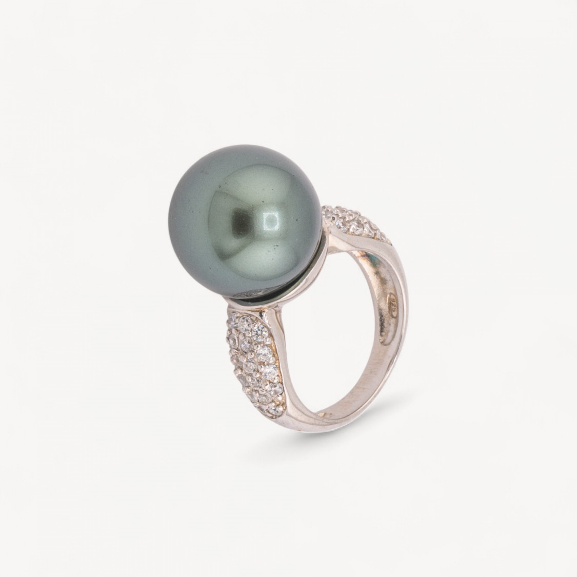 Anello Di Argento 925 Con Zirconi Incastonati e Perla Naturale Tahiti n131 Rodiato Taglia 54-ΔΑΧΤΥΛΙΔΙΑ 925 ΑΣΗΜΙ | Worldofjewel.com