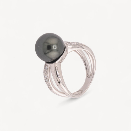 Anello Di Argento 925 Con Zirconi Incastonati e Perla Di Maiorca Tahiti n133 Rodiato