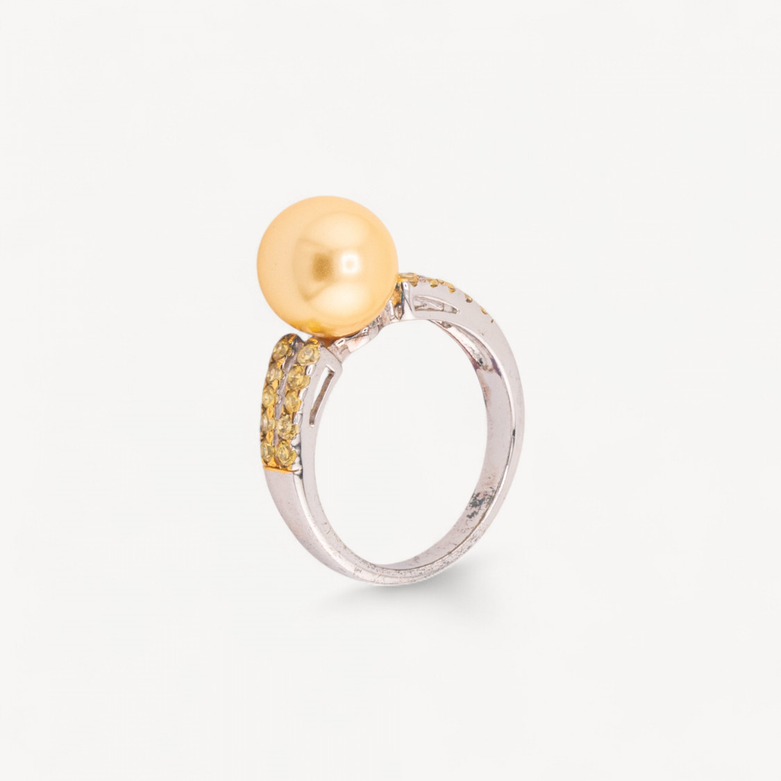 Anello Di Argento 925 Con Zirconi Incastonati Gialli e Perla Naturale Dorata n134 Rodiato-ANELLI DI ARGENTO 925 | Worldofjewel.com