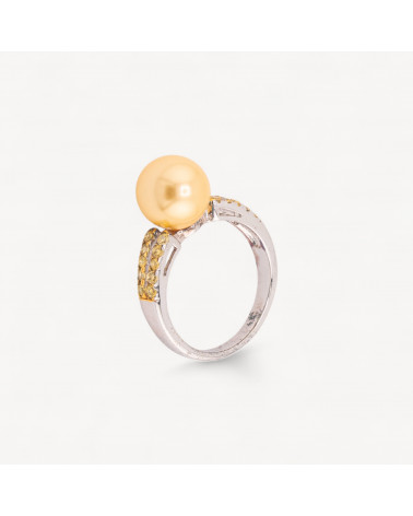 Anello Di Argento 925 Con Zirconi Incastonati Gialli e Perla Naturale Dorata n134 Rodiato-ANELLI DI ARGENTO 925 | Worldofjewel.com