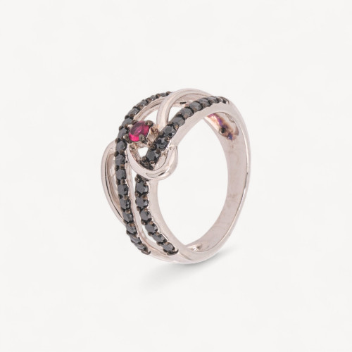 Bague en argent 925 sertie de zirconiums noirs et fuchsia n° 126, plaquée rhodium