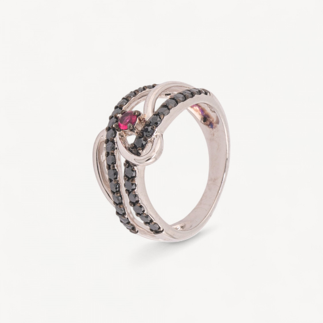 Anello Di Argento 925 Con Zirconi Incastonati Neri e Fucsia n126 Rodiato-RINGE AUS 925 SILBER | Worldofjewel.com