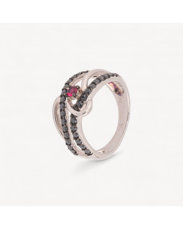 Anello Di Argento 925 Con Zirconi Incastonati Neri e Fucsia n126 Rodiato-RINGE AUS 925 SILBER | Worldofjewel.com