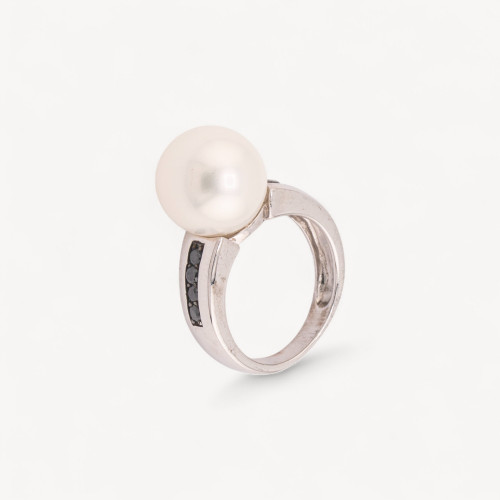 Anillo de Plata 925 con Circonita Negra y Perla Natural n145 Baño de Rodio