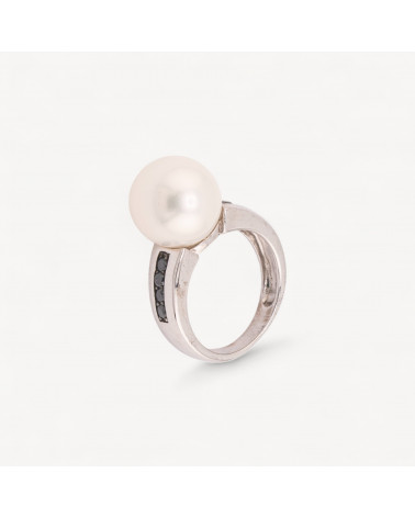 Anello Di Argento 925 Con Zirconi Incastonati Neri e Perla Naturale n145 Rodiato-ANILLOS DE PLATA 925 | Worldofjewel.com
