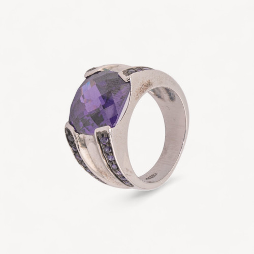 Anillo de Plata 925 con Circonita Morada y Cristal Morado n143 Baño de Rodio