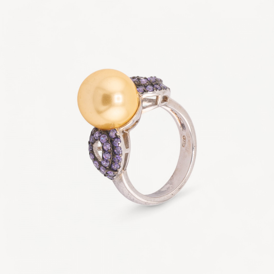 Anello Di Argento 925 Con Zirconi Incastonati Viola e Perla Di Maiorca Dorata n147 Rodiato Taglia 52-ANELLI DI ARGENTO 925 | Worldofjewel.com