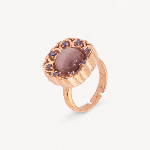 925 Silver Flower Ring with Purple Zirconia and Cat's Eye Cabochon in Powder Pink n146 Adjustable Rose Gold