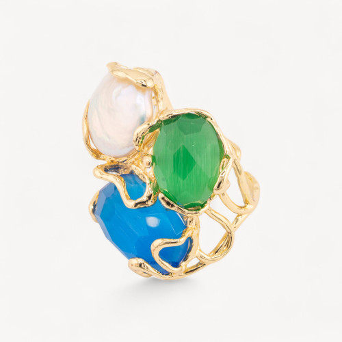 Adjustable Ring in Gilded Bronze AURORA Collection with Cat's Eye with River Pearls MIX Random Colors 2 | Jewel Ar