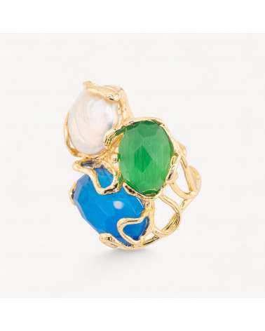 Anello Regolabile in Bronzo Dorato Collezione AURORA con Occhio Di Gatto Con Perle Di Fiume MIX Colori Casuali 2 | Gioiello Ar-ANELLI BIJOUX DONNA AURORA BEST SELLER | Worldofjewel.com