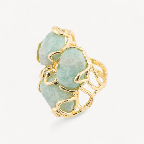 Anillo ajustable de bronce dorado de la colección Aurora con amazonita | Joyería artesanal para mujer de 32 x 36 mm
