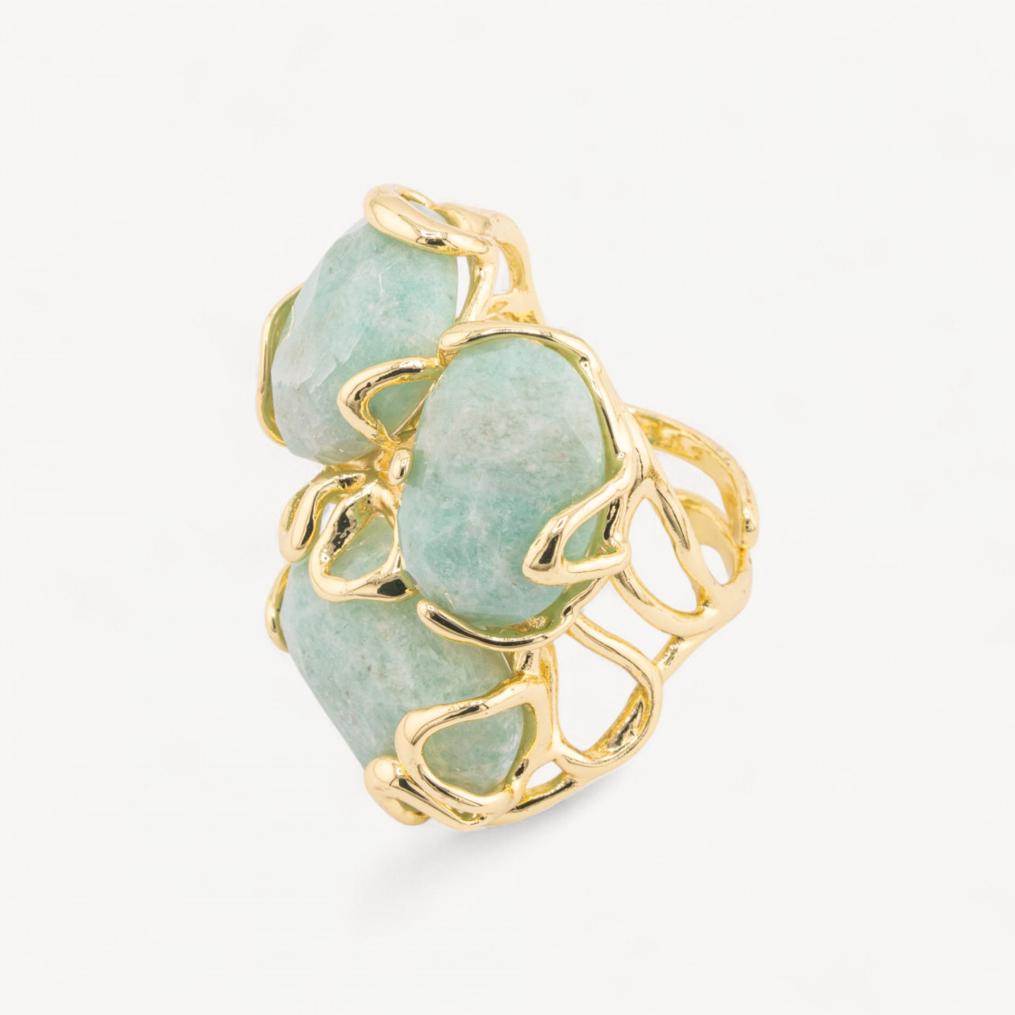 Anello Regolabile in Bronzo Dorato Collezione AURORA con Pietre Dure Amazzonite | Gioiello Artigianale Donna 32x36mm-ANELLI BIJOUX DONNA AURORA BEST SELLER | Worldofjewel.com
