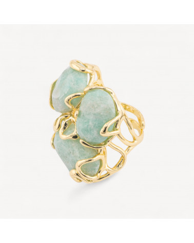 Anello Regolabile in Bronzo Dorato Collezione AURORA con Pietre Dure Amazzonite | Gioiello Artigianale Donna 32x36mm-ANELLI BIJOUX DONNA AURORA BEST SELLER | Worldofjewel.com