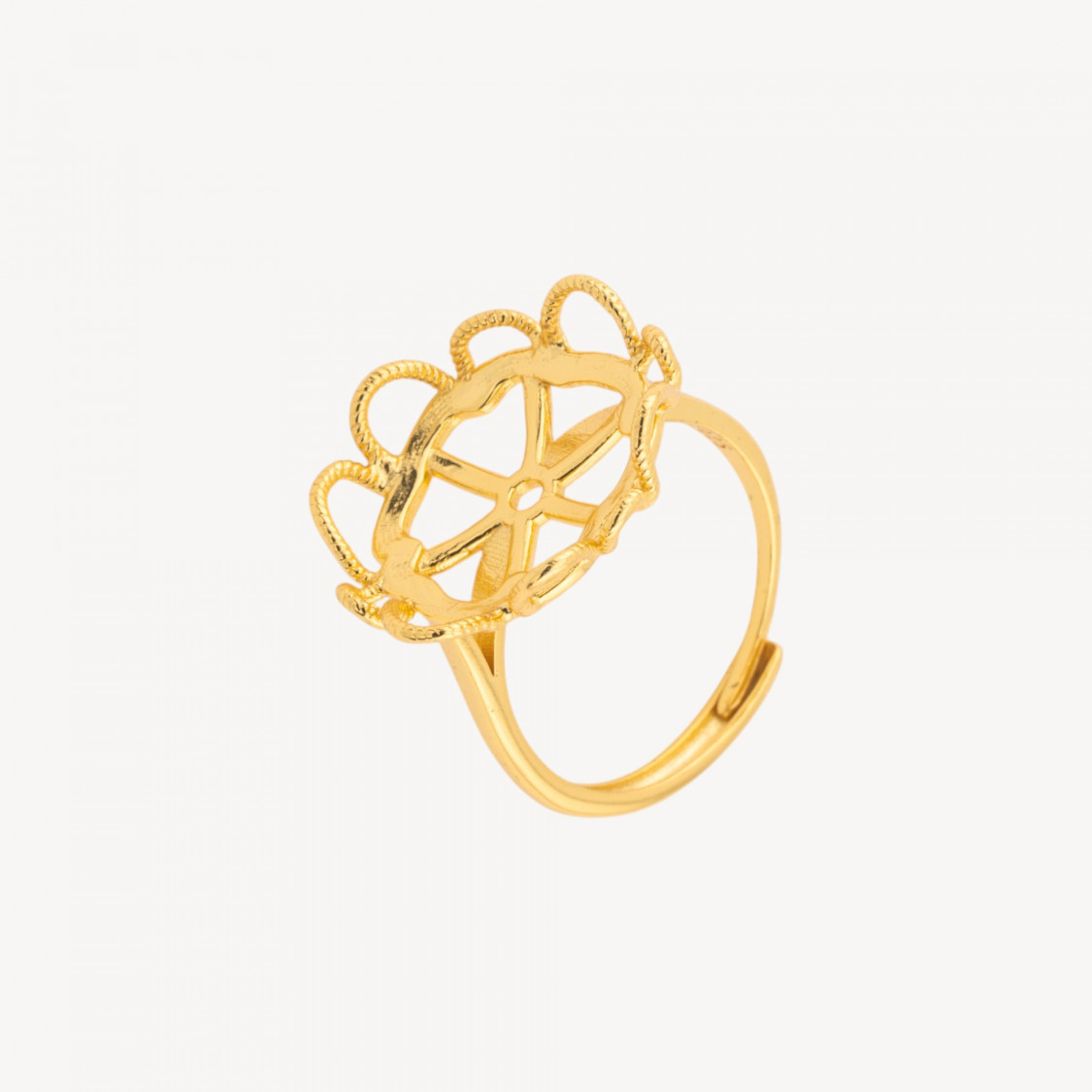 Base Per Anelli Di Argento 925 A Castone Corona Floreale 18,5x21mm Misura Regolabile 1pz Dorato-BASE PARA ANILLOS | Worldofjewel.com