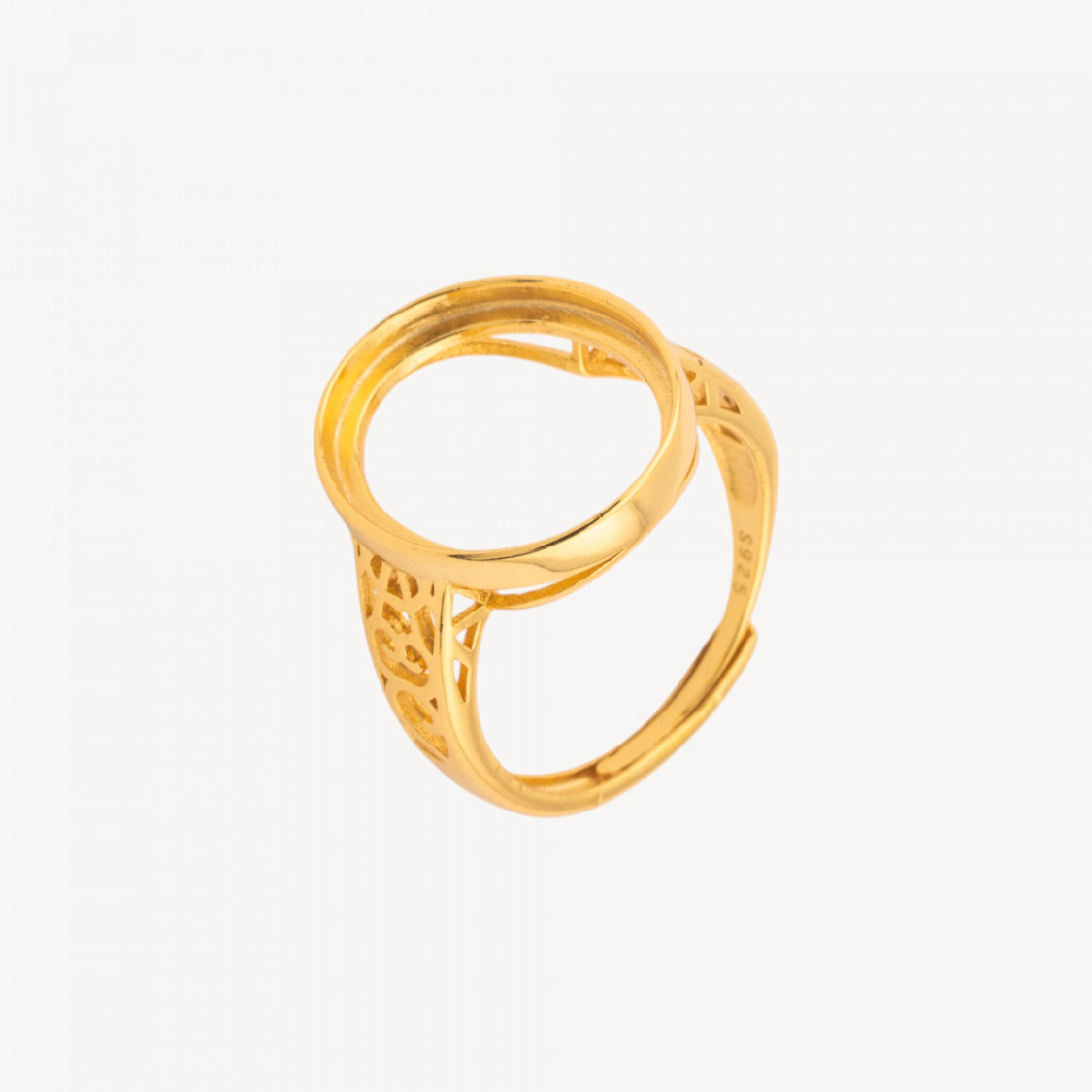 Base Per Anelli Di Argento 925 A Castone Ovale con Incisioni 15x17,7mm Misura Regolabile 1pz Dorato-BASE PARA ANILLOS | Worldofjewel.com
