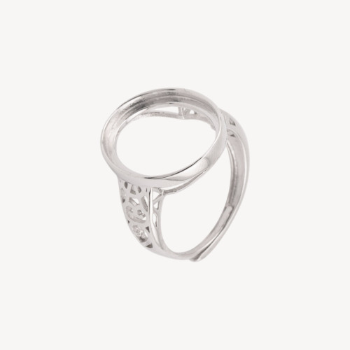 Base de anillo con bisel ovalado de plata 925 con grabados de 15 x 17,7 mm, tamaño ajustable, 1 pieza, chapada en rodio