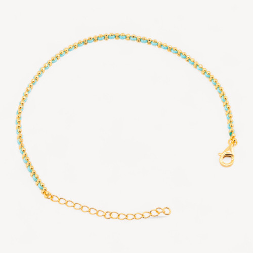 Bracelet en argent 925 avec tissu bleu clair et fermoir mousqueton doré