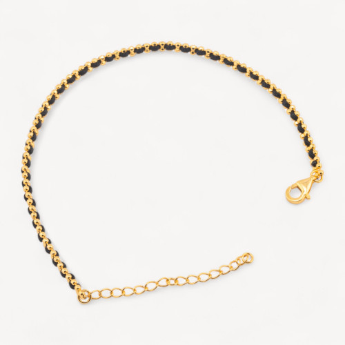 Bracelet en argent 925 avec tissu noir et fermoir mousqueton plaqué or