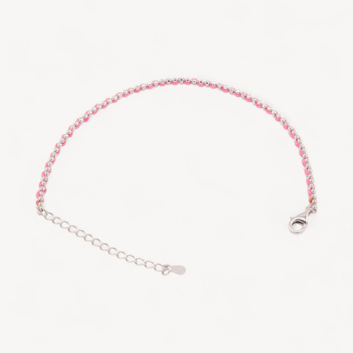 Armband aus 925er Silber mit rosa Stoff und rhodiniertem Karabinerverschluss