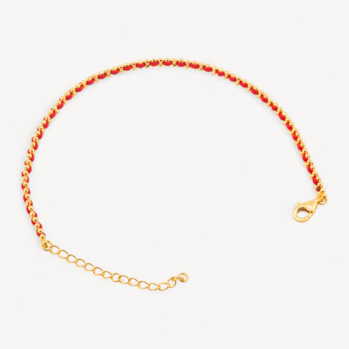 Pulsera de Plata 925 con Tela Roja y Cierre de Langosta Chapado en Oro