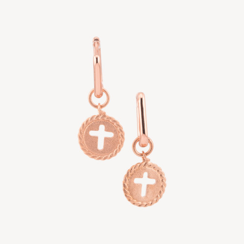 925 Silver Closed Leverback Earrings with Rose Gold Cross Engraving Pendant