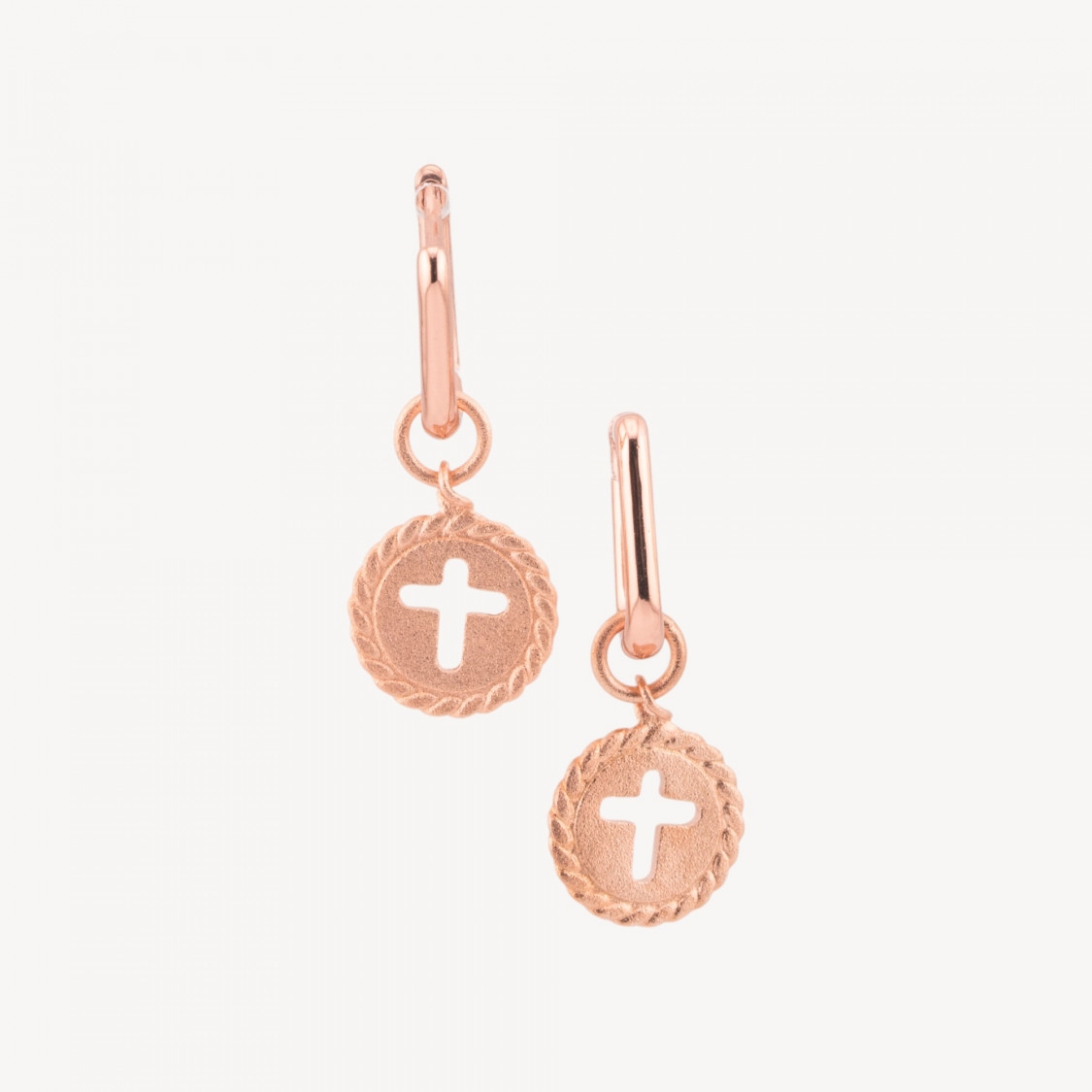Orecchini A Monachella Chiusa Di Argento 925 Con Pendente Incisione Croce Oro Rosa-SILVER 925 DESIGN ITALY | Worldofjewel.com