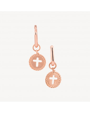 Orecchini A Monachella Chiusa Di Argento 925 Con Pendente Incisione Croce Oro Rosa-SILVER 925 DESIGN ITALY | Worldofjewel.com