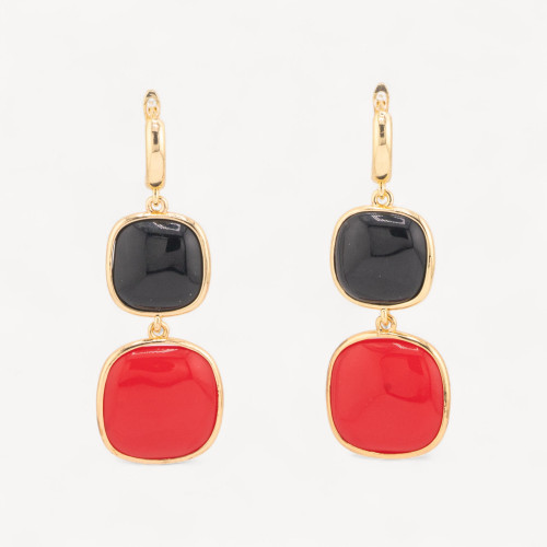 Boucles d'oreilles puces œil de chat double carré noir et rouge 22x60mm en bronze
